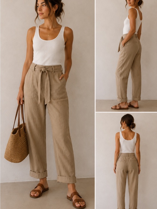 Lauren Ralph Lauren Pants - Lauren Ralph Lauren 100% Linen Tie Waist Pants Tan Relaxed Size 6 Resortwear